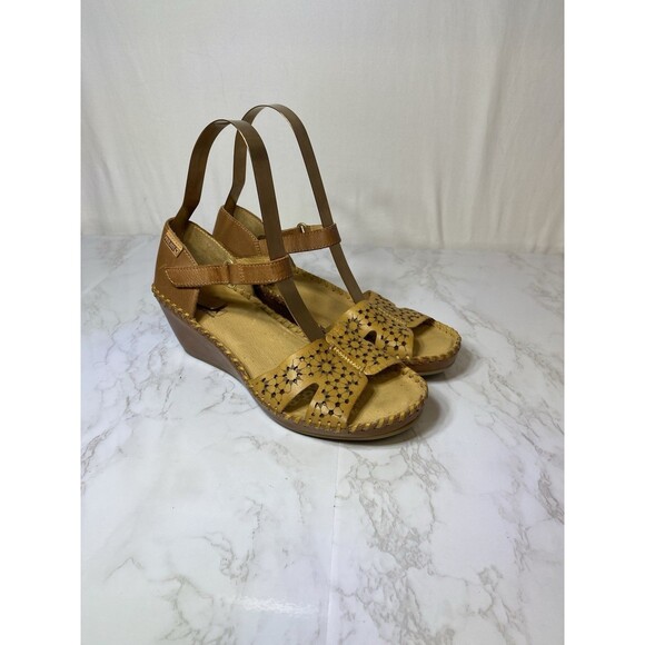 Pikolinos Wedge Heel Sandals Tan Nude Leather Womens 38 US 7.5 - Picture 1 of 9